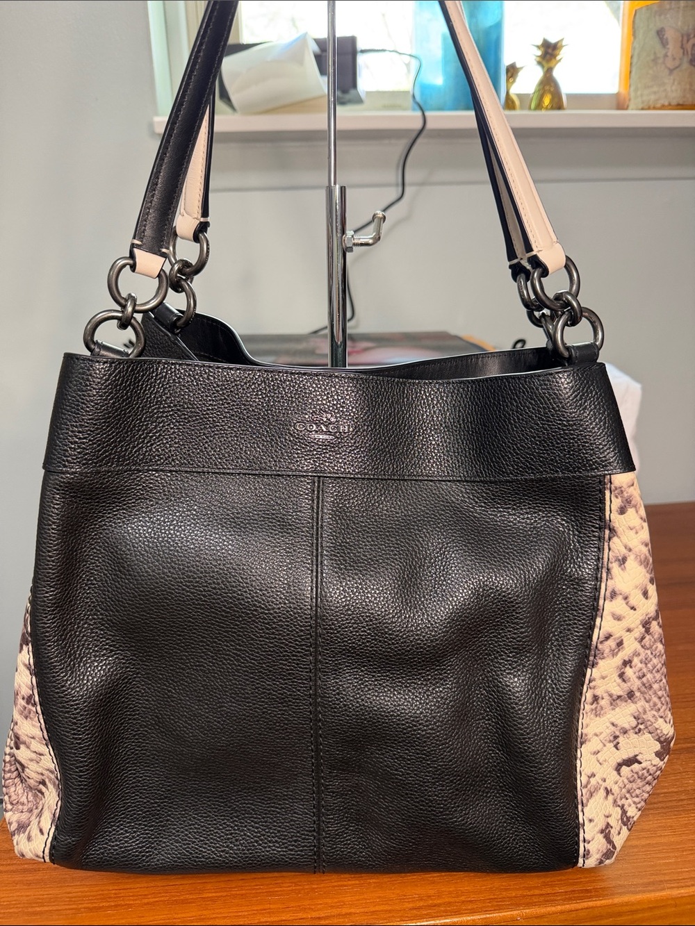 Coach Black Leather Shoulder Bag with Snake-Print Side Panels